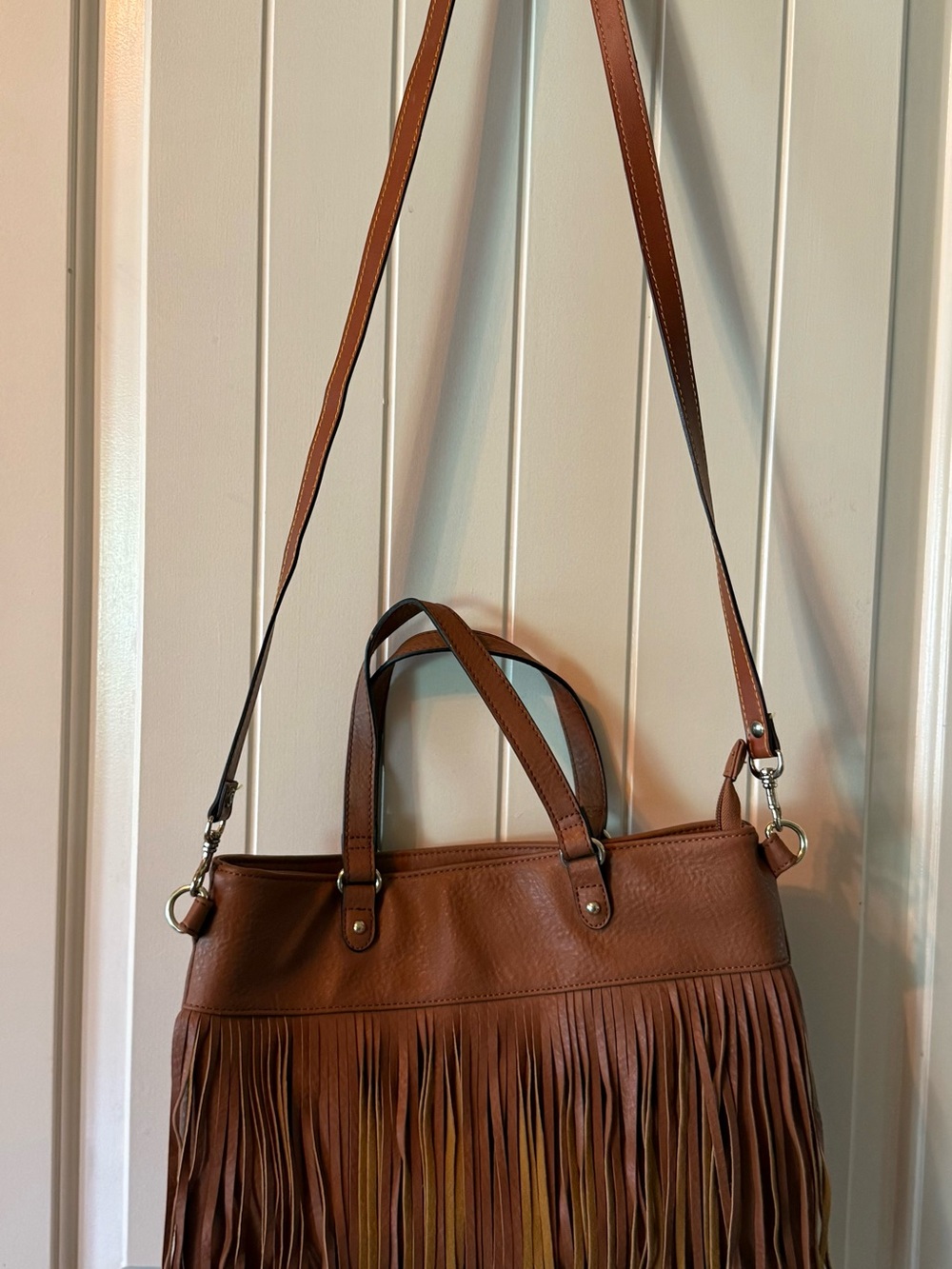 Vegan Brown Fringe Tote Shoulder Bag  NWOT - Picture 2 of 8
